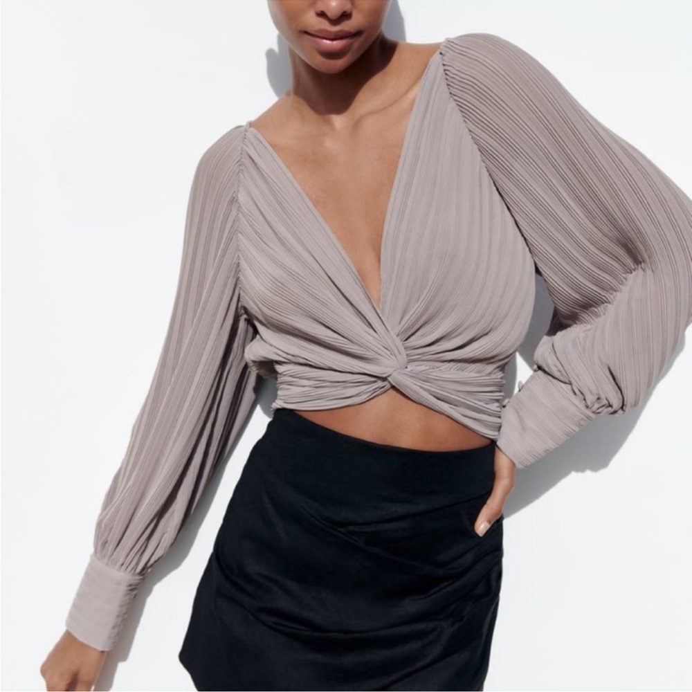 Zara Grey Taupe Pleated Twist Crop Top NWT M